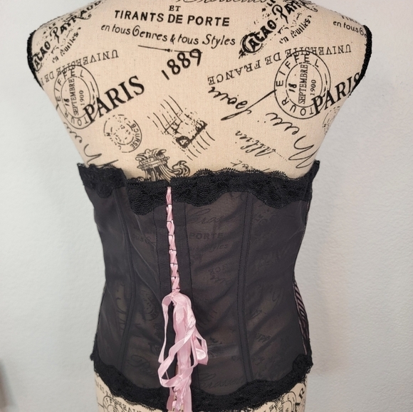 Cacique Sensual Corset Top 14/16 Pink Black Lace Up Boning Lace Overlaid - Picture 6 of 9